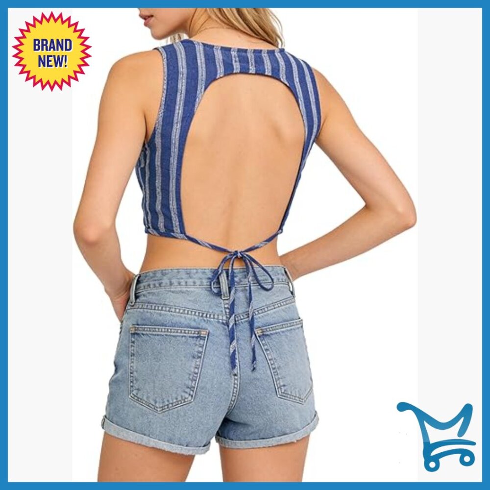 100% Linen Cropped Tank Top with Open Back Tie Closure
